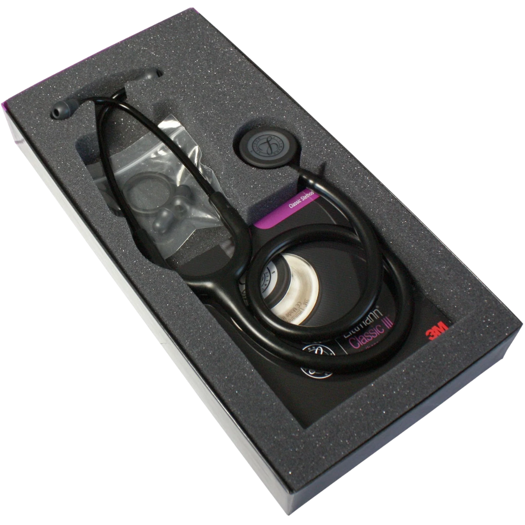 3M Littmann Classic III Stethoscope Black Edition with black chestpiece and tubing for professional acoustic performance.