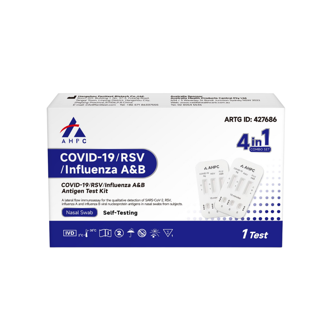 AHPC 4-in-1 Antigen Test Kit with nasal swab for rapid detection of COVID-19, RSV, Influenza A and B, suitable for home and professional use.
