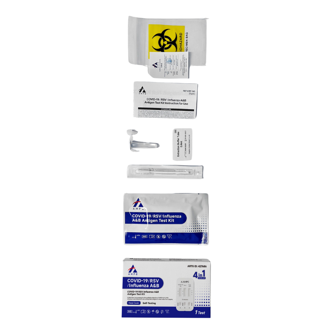 AHPC 4-in-1 Antigen Test Kit with nasal swab for rapid detection of COVID-19, RSV, Influenza A and B, suitable for home and professional use.