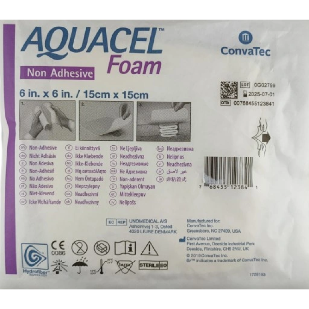 Aquacel Foam Non-Adhesive Dressing with Hydrofiber core and soft foam pad, designed for gentle, high-absorbency wound care on sensitive or fragile skin.