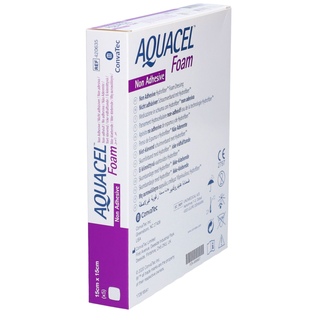 Aquacel Foam Non-Adhesive Dressing with Hydrofiber core and soft foam pad, designed for gentle, high-absorbency wound care on sensitive or fragile skin.