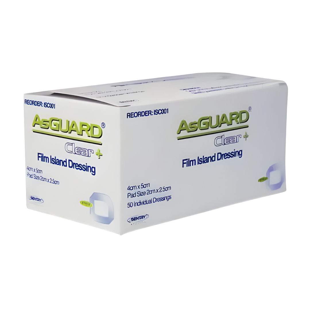 Asguard Clear + Film Island Dressing is a transparent, waterproof dressing designed for optimal wound care. It provides a sterile barrier that protects wounds from infection while allowing easy monitoring without removing the dressing.