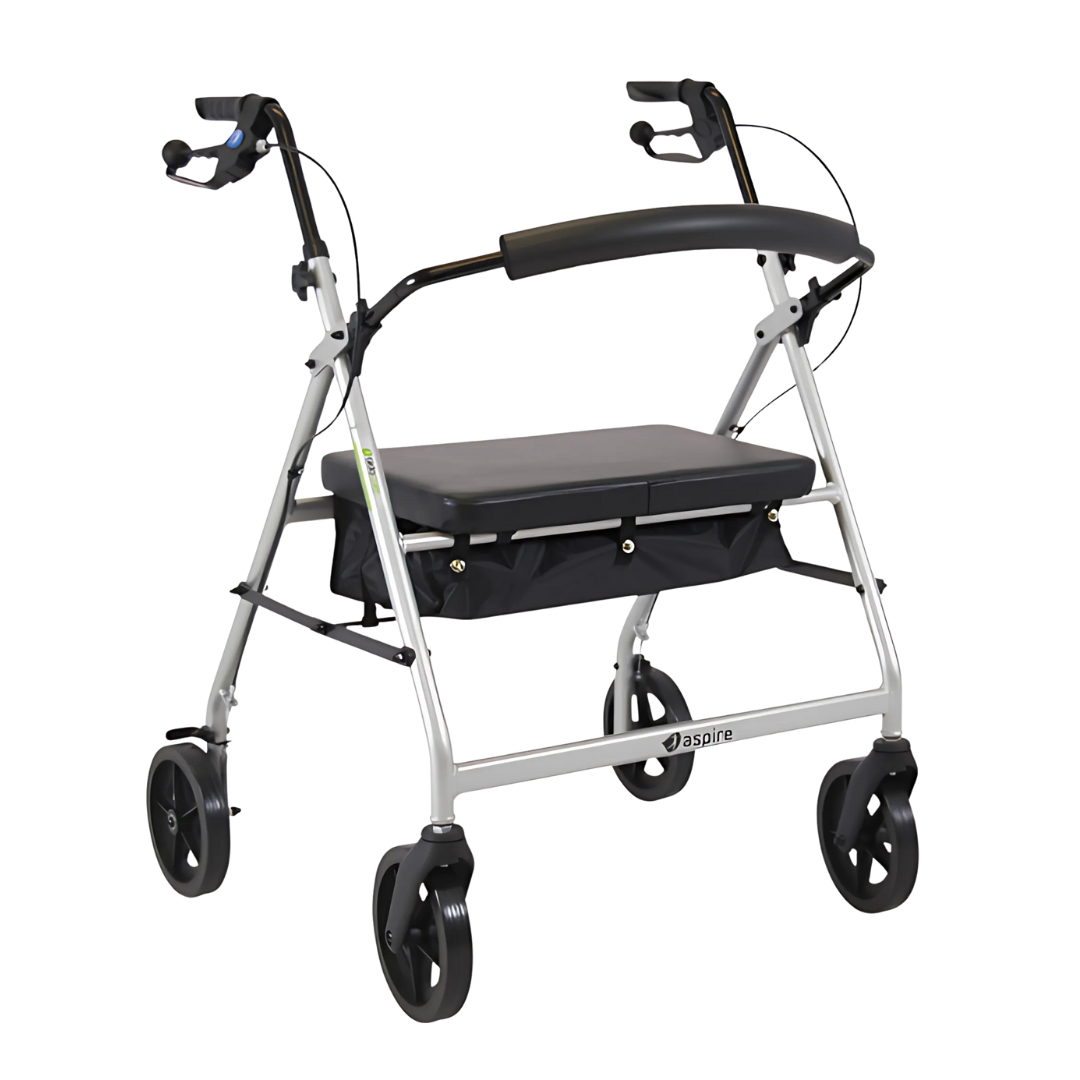 Aspire XL Seat Walker Rollator in Silver with wide padded seat and large wheels for bariatric mobility
