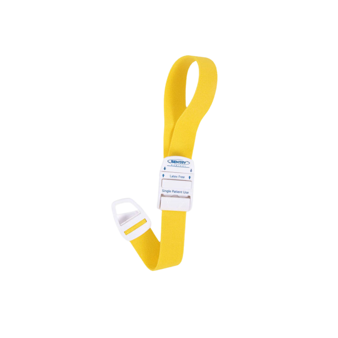 Bodichek Quick Release Tourniquet with blue elastic strap and plastic buckle, designed for easy one-handed use in clinical and emergency medical settings.