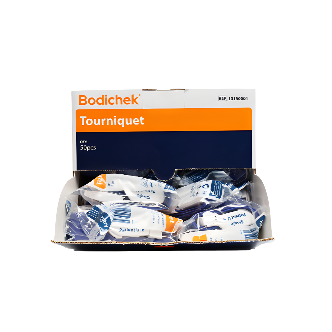 Bodichek Quick Release Tourniquet with blue elastic strap and plastic buckle, designed for easy one-handed use in clinical and emergency medical settings.