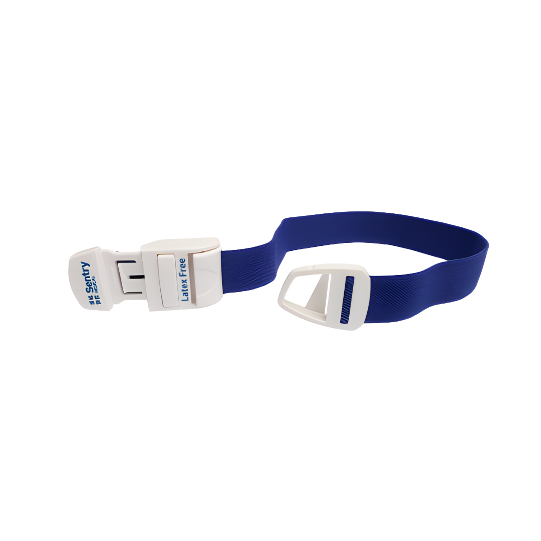 Bodichek Quick Release Tourniquet with blue elastic strap and plastic buckle, designed for easy one-handed use in clinical and emergency medical settings.