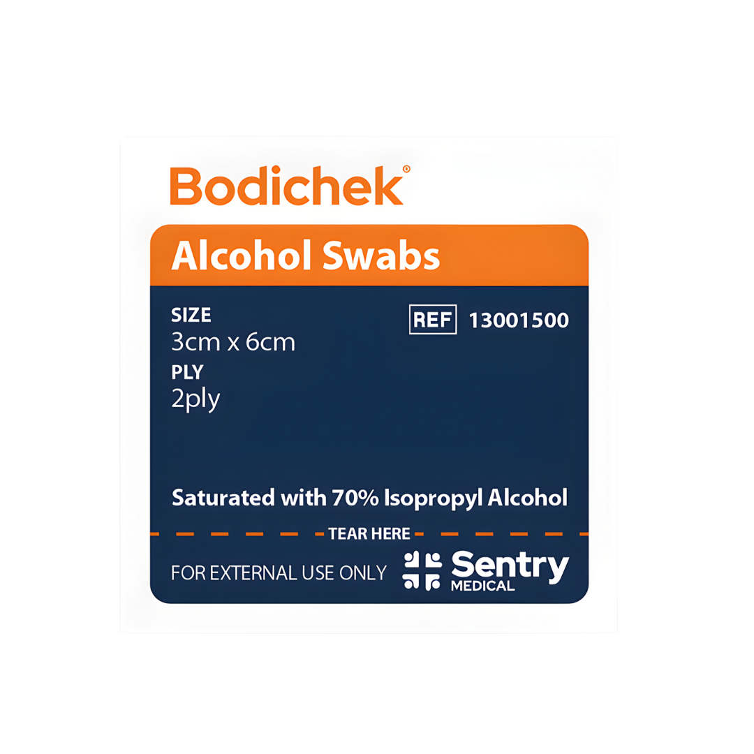 Bodichek Alcohol Swab 3 x 6cm sterile antiseptic wipes for injections and wound cleaning.