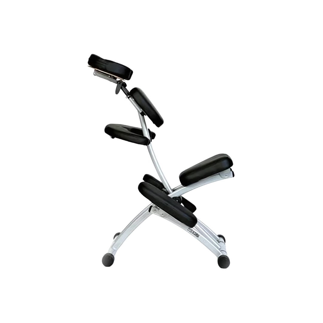 Deluxe Portable Massage Chair in black with adjustable headrest and arm support, folded flat with carry bag