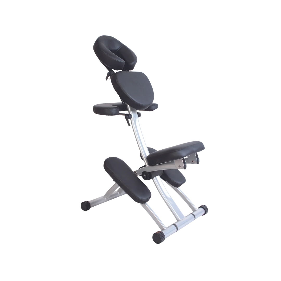 Deluxe Portable Massage Chair in black with adjustable headrest and arm support, folded flat with carry bag