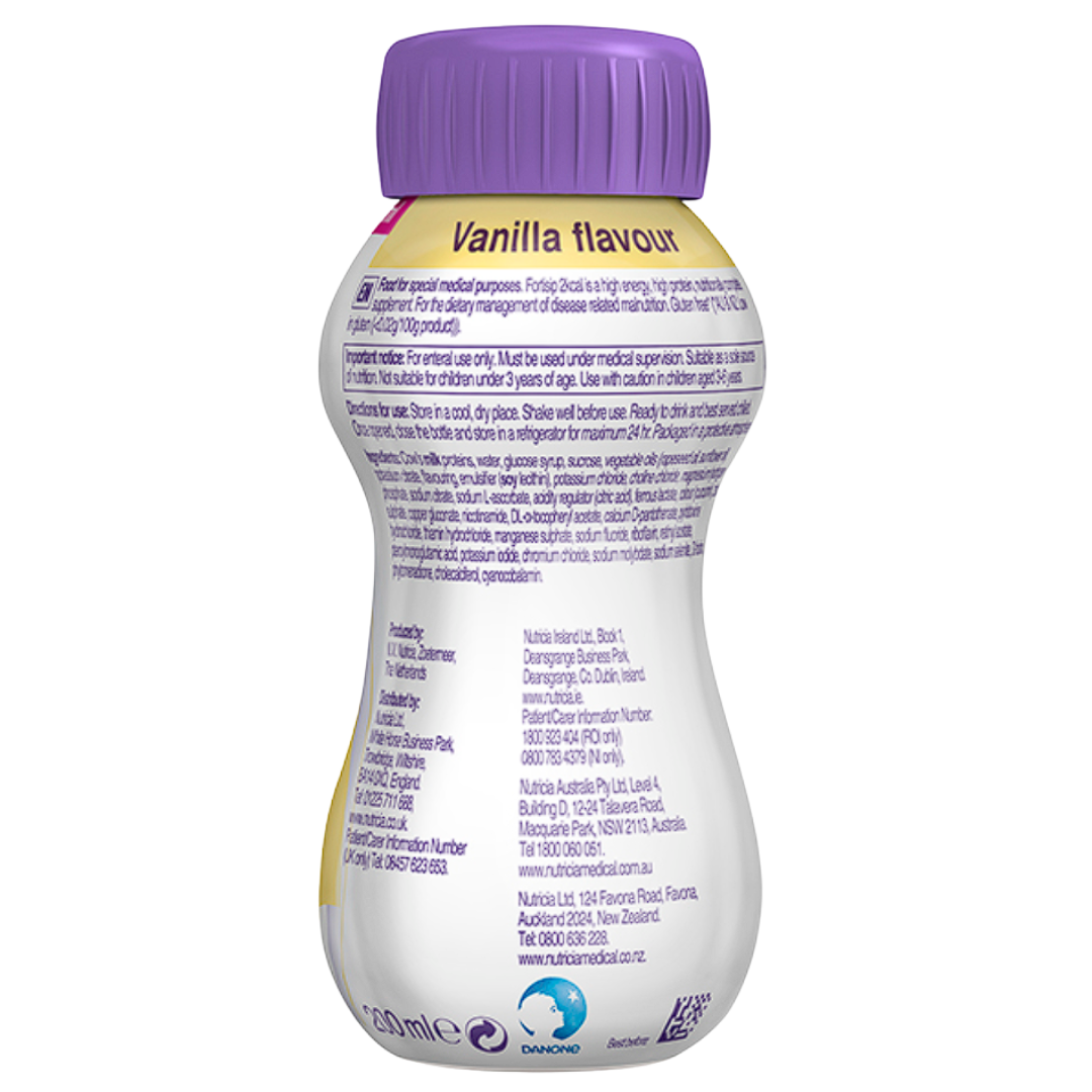 Fortisip 2kcal Vanilla 200ml bottle – high-energy oral nutritional supplement for recovery and daily support.