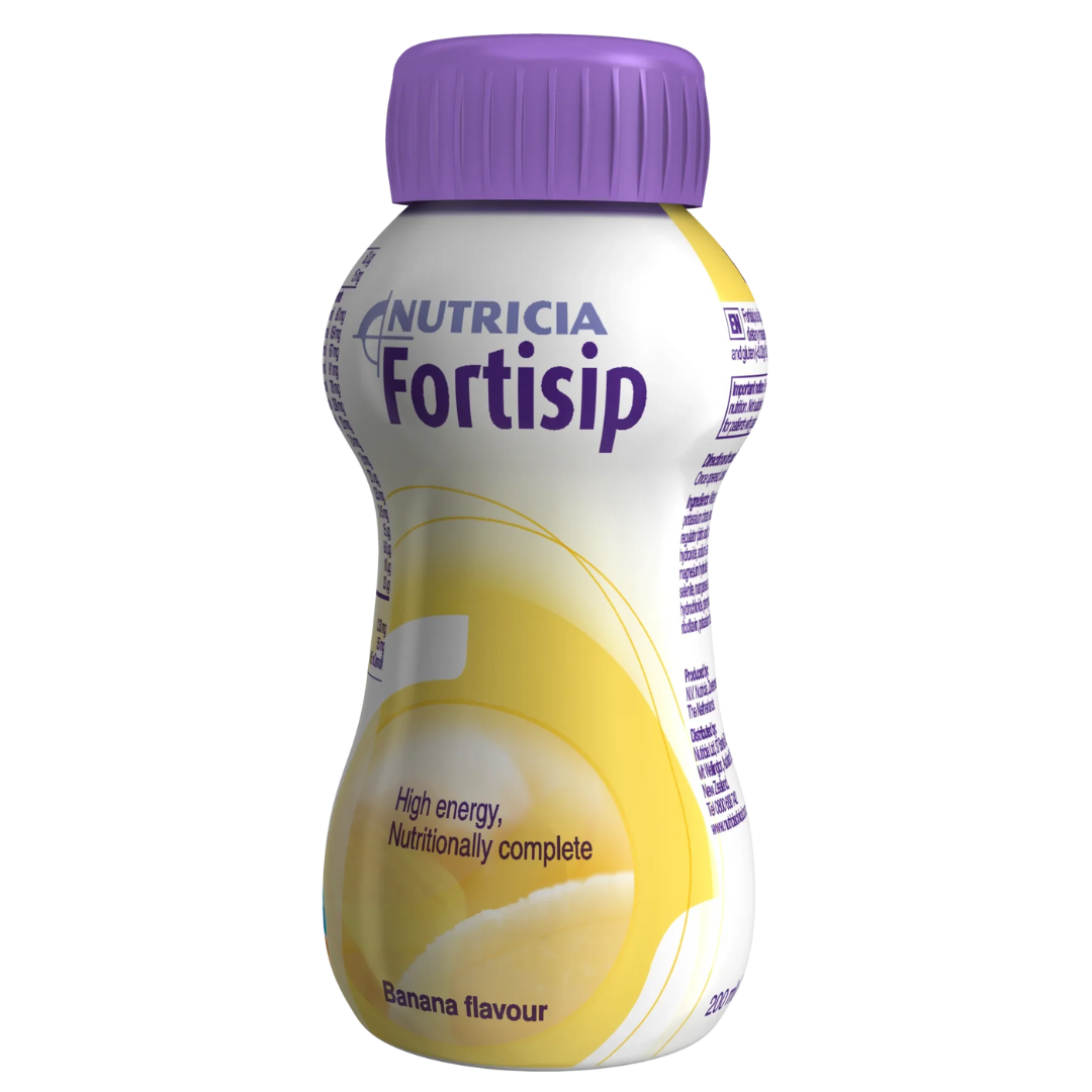 Fortisip Banana 200ml Bottle – High-calorie nutritional drink for energy and recovery support.