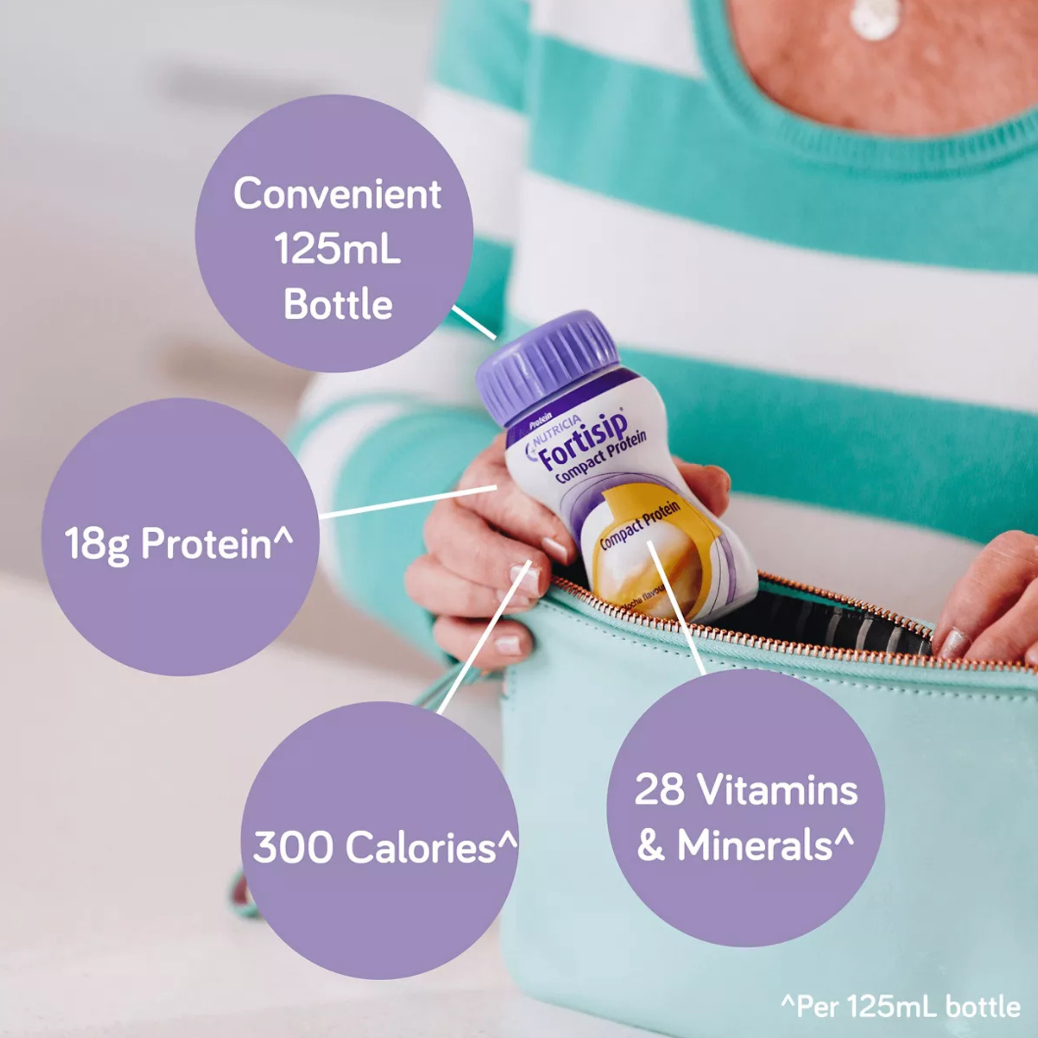 Person holding a Forfisip protein supplement bottle with nutritional information displayed.