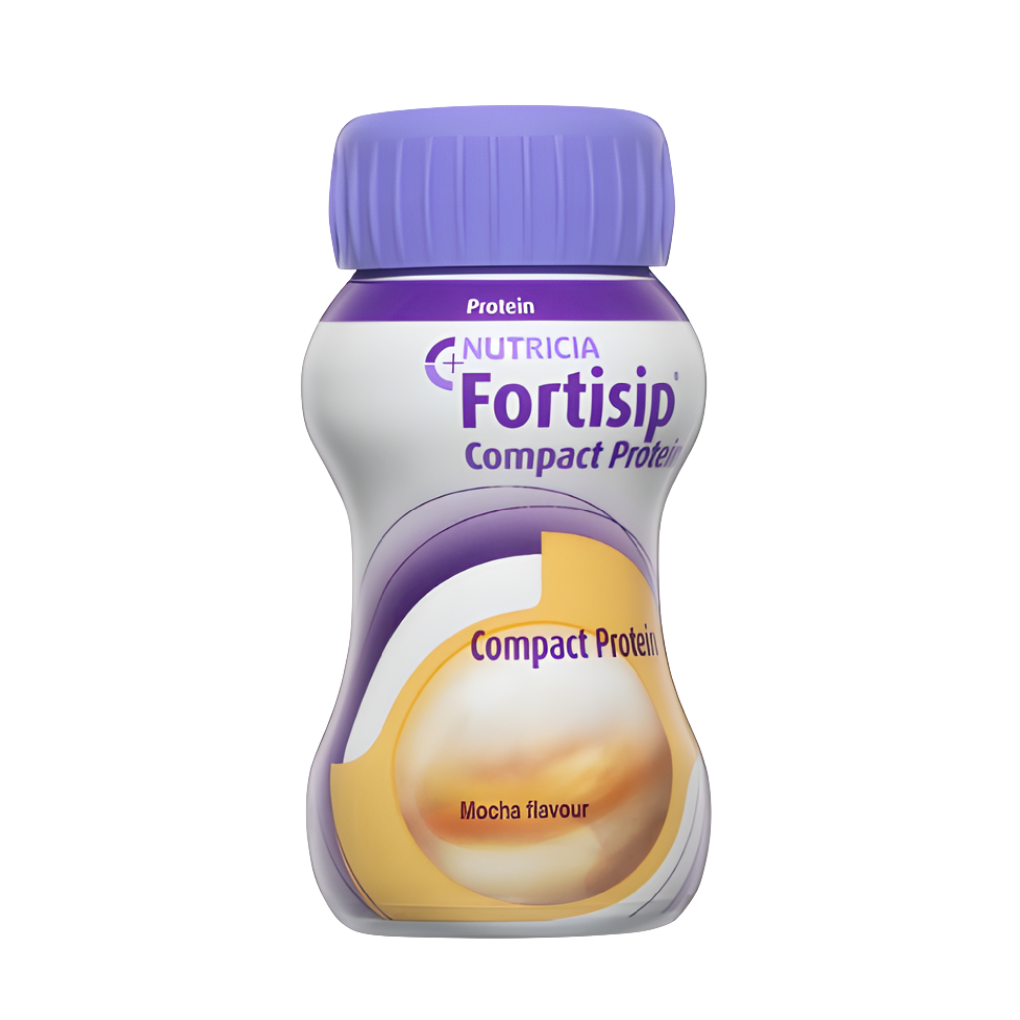 Fortisip Compact Protein bottle with purple cap on a white background