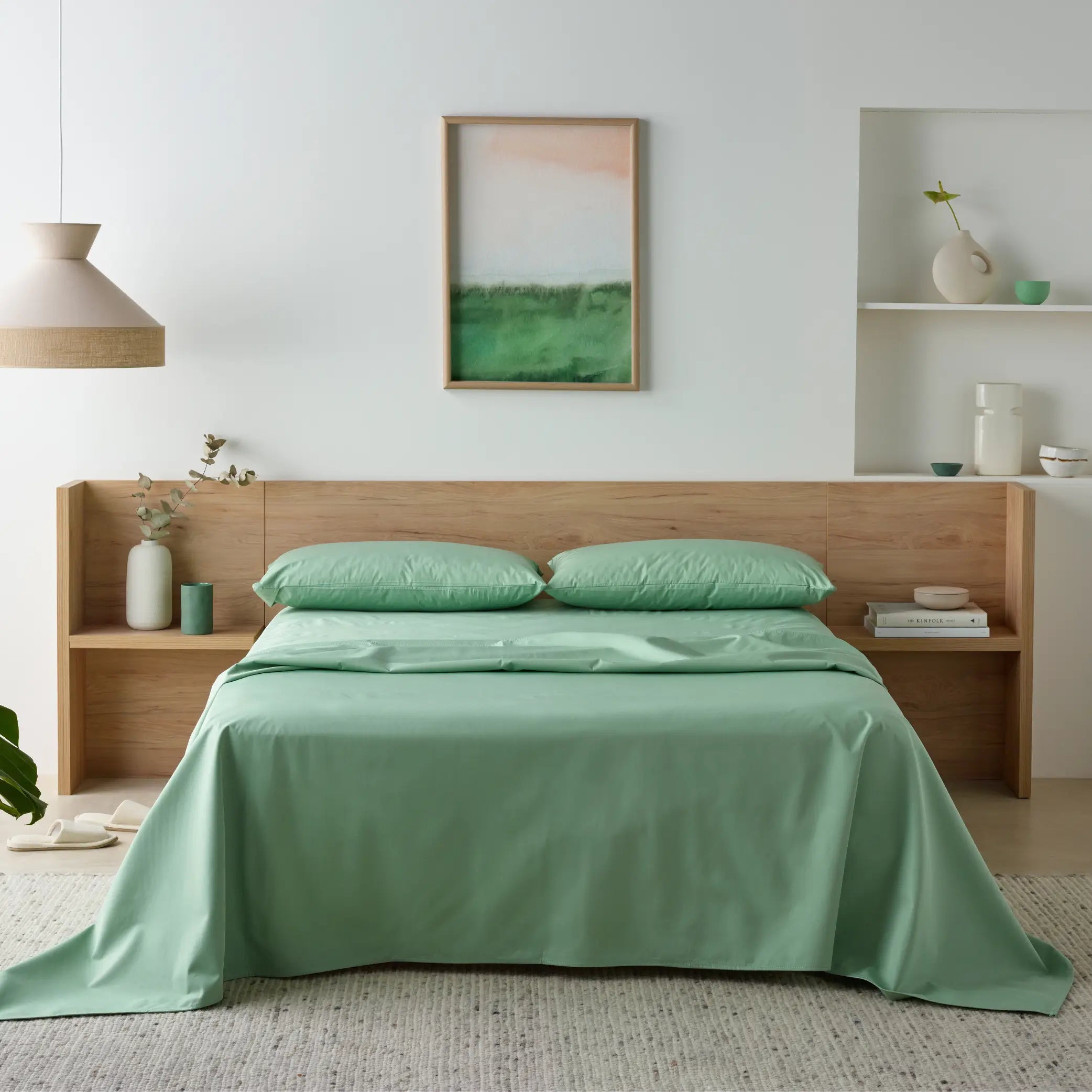 Green Waterproof Bamboo Fitted Sheet set on a modern wooden bed, offering breathable, hypoallergenic, and liquid-resistant protection.
