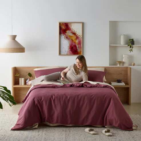 Bedroom featuring a luxurious linen-look water-resistant quilt cover set in cacao colour.