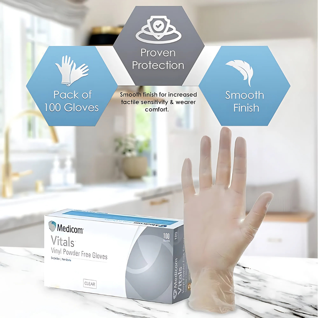 Medicom Vinyl Clear Powder Free Gloves in dispenser box – latex-free, hygienic gloves for everyday protection.