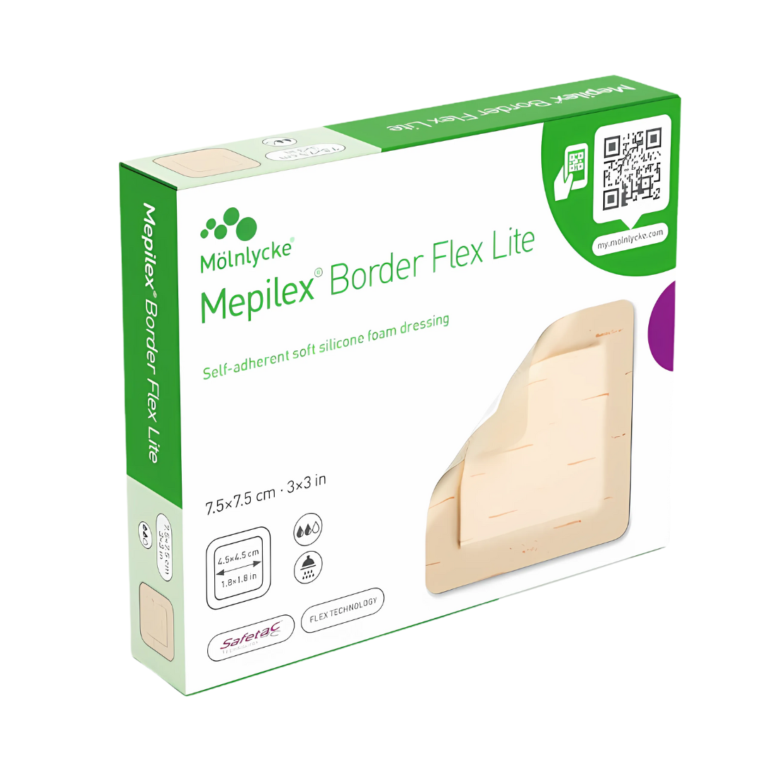Mepilex Border Flex Lite 7.5 x 7.5cm silicone foam dressing for low-exuding wounds, with Safetac technology and flexible design.