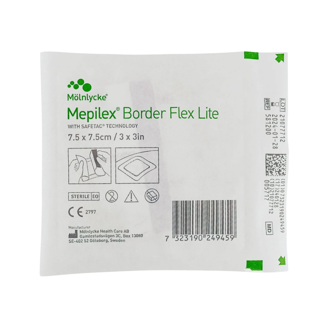 Mepilex Border Flex Lite 7.5 x 7.5cm silicone foam dressing for low-exuding wounds, with Safetac technology and flexible design.