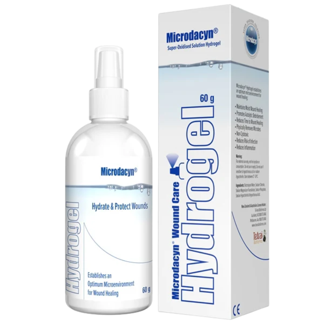 Microdacyn Wound Care Hydrogel 60g spray bottle for moist wound healing, providing non-toxic hydration and antimicrobial support for dry or low-exudate wounds.