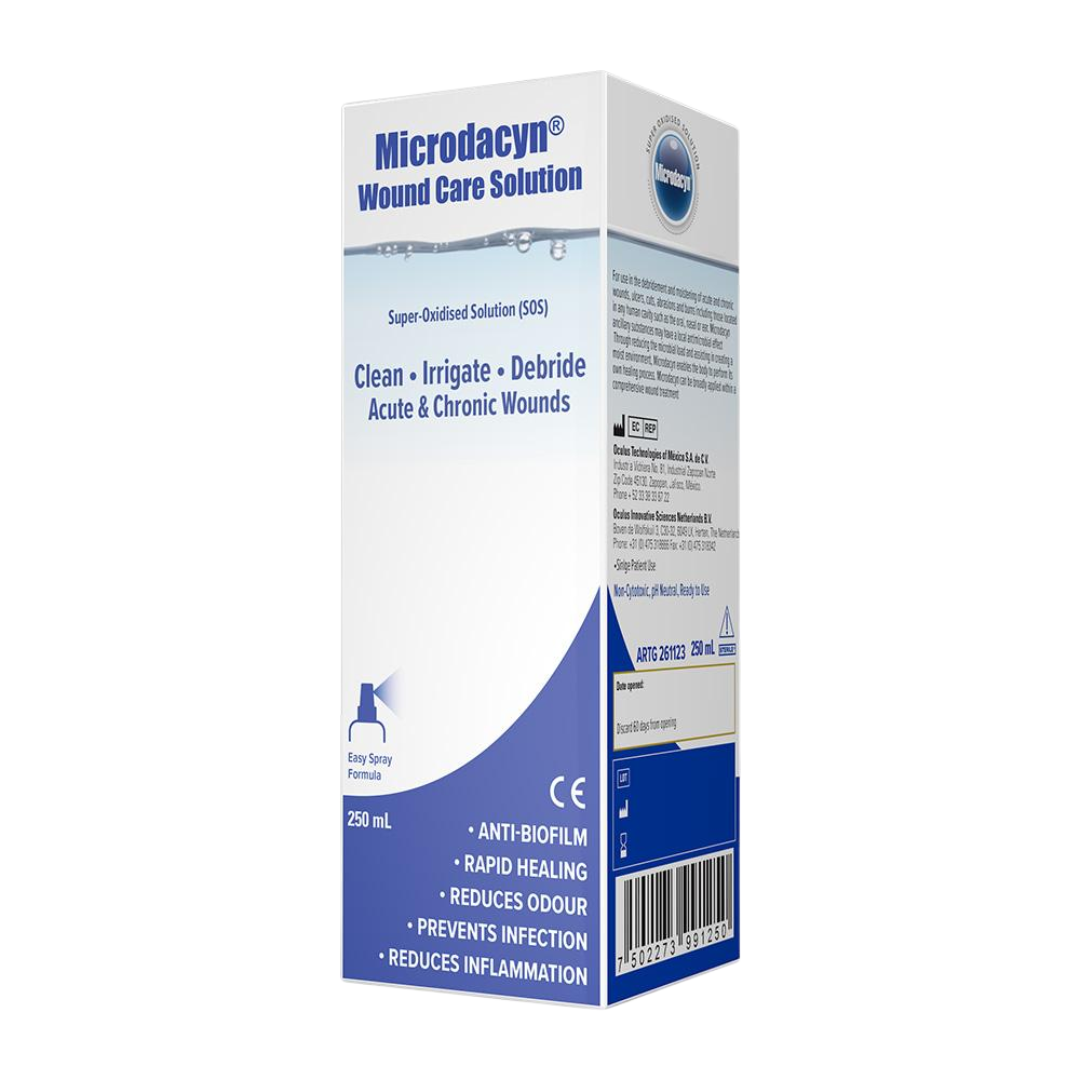 Microdacyn Wound Care Spray 250mL bottle, a non-cytotoxic, pH-balanced antimicrobial wound cleanser for effective treatment and infection control.