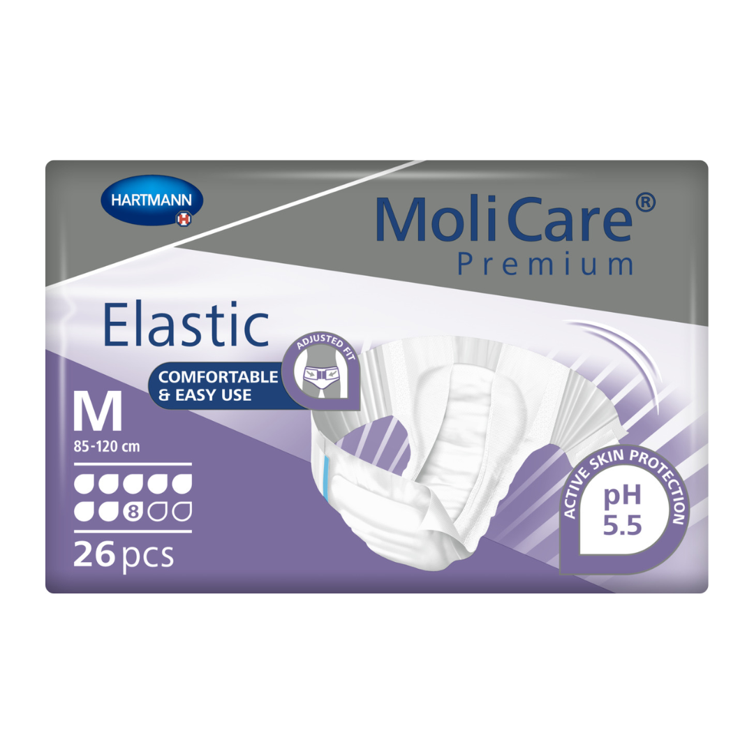 MoliCare Premium Elastic 8 Drops Medium – absorbent incontinence brief with elastic sides for secure, comfortable protection.