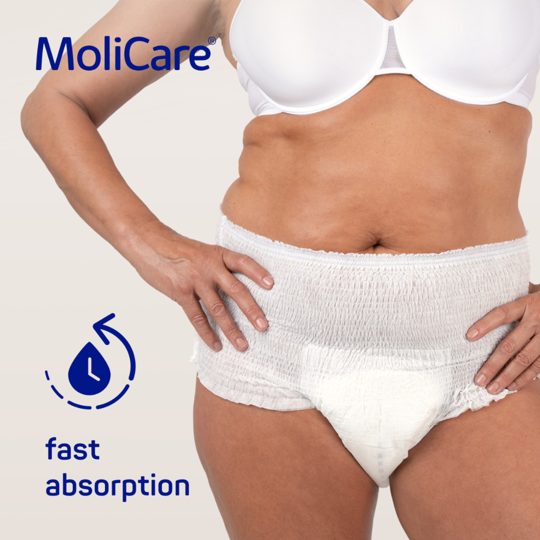 MoliCare Premium Mobile 10 Drops Large – High-absorbency pull-up incontinence pants for severe urinary leakage, with discreet underwear-like fit.