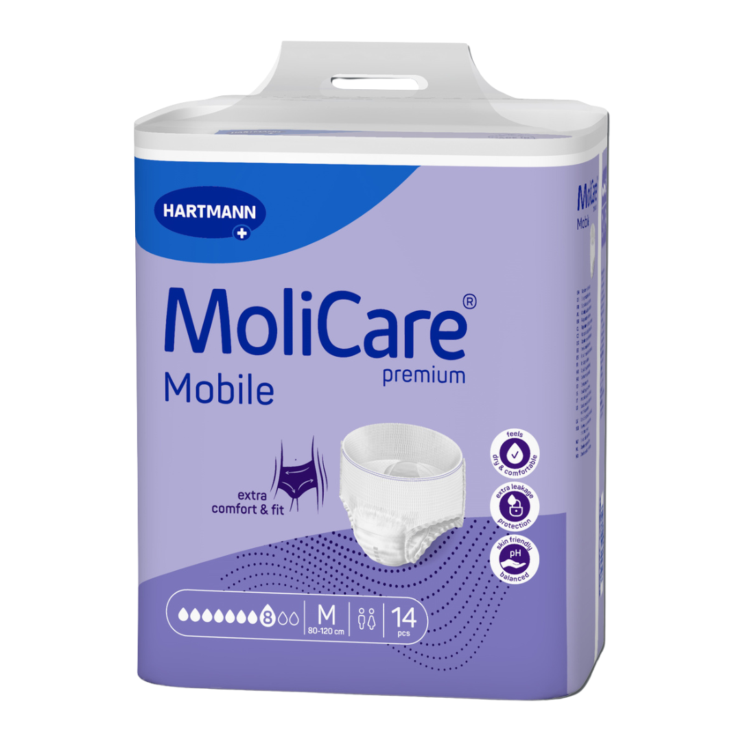MoliCare Premium Mobile 8 Drops Medium – Comfortable, pull-up incontinence pants for moderate to severe urinary leakage with discreet underwear-like fit.