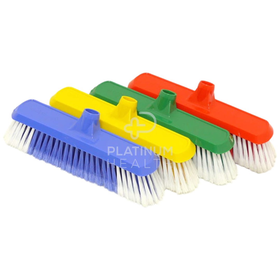 Nab Clean Kitchen Broom in blue, red, green, and, yellow, featuring soft yet firm synthetic bristles for effective sweeping, ergonomic lightweight design for easy handling, and durable construction for use in kitchens, homes, and commercial spaces.