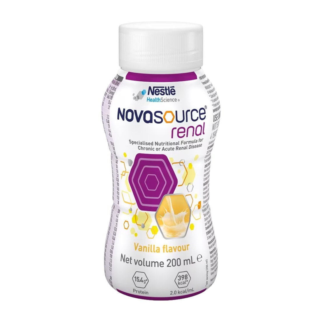 Nestlé Novasource Renal Vanilla Bottle 200ml – renal nutritional supplement for kidney health and dialysis support.