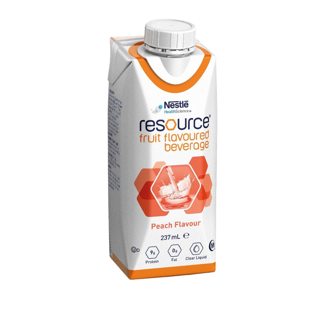 Nestlé Resource Fruit Beverage Prism 237ml – fat-free, high-protein nutritional supplement in fruity flavours for clear fluid diets and malnutrition support.