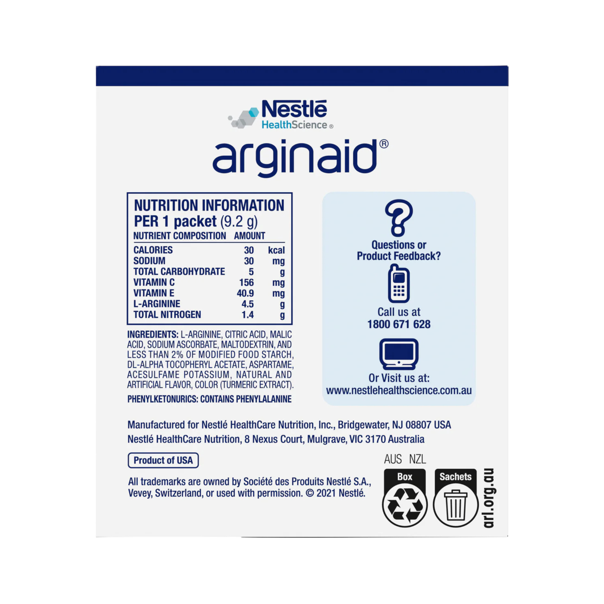 Nestle HealthScience arginaio packaging with nutrition information and contact details.