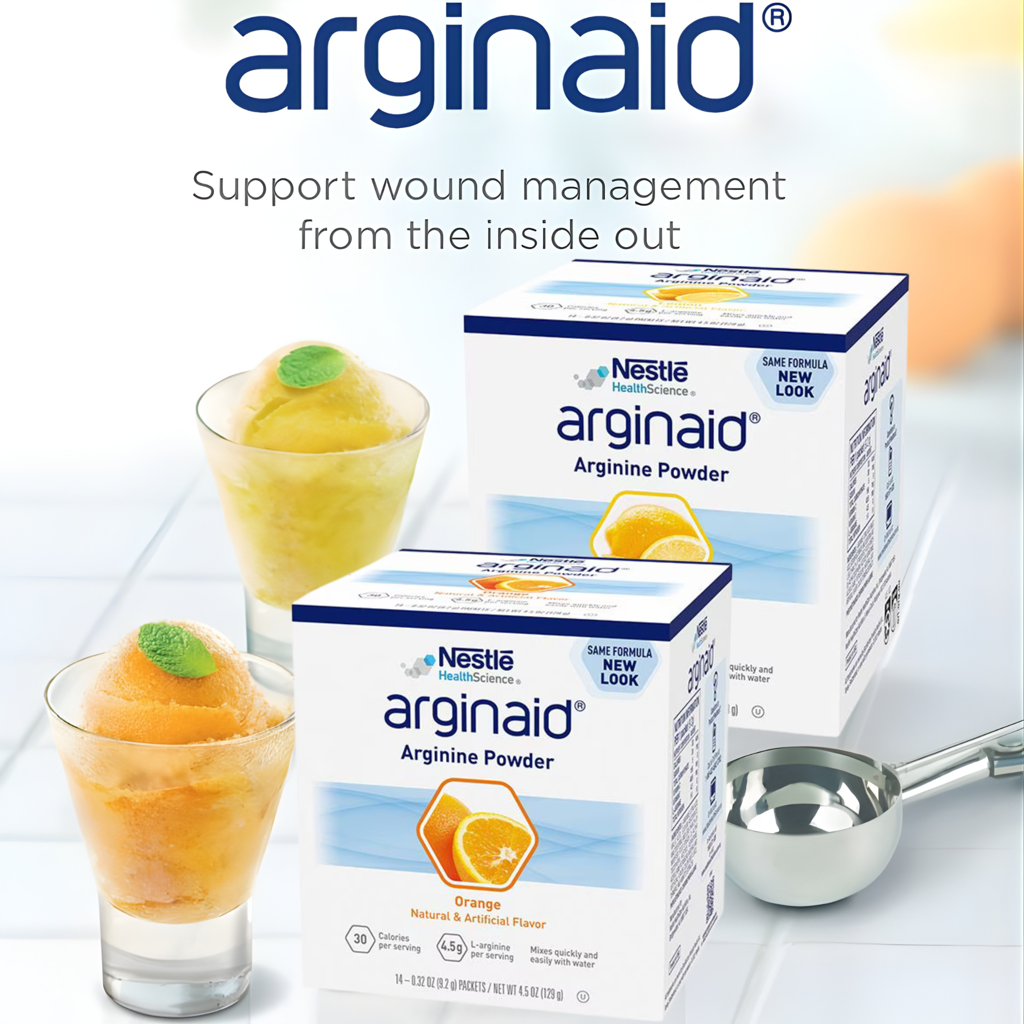 Nestle Arginaid arginine powder packaging with orange-flavored drinks on a white background