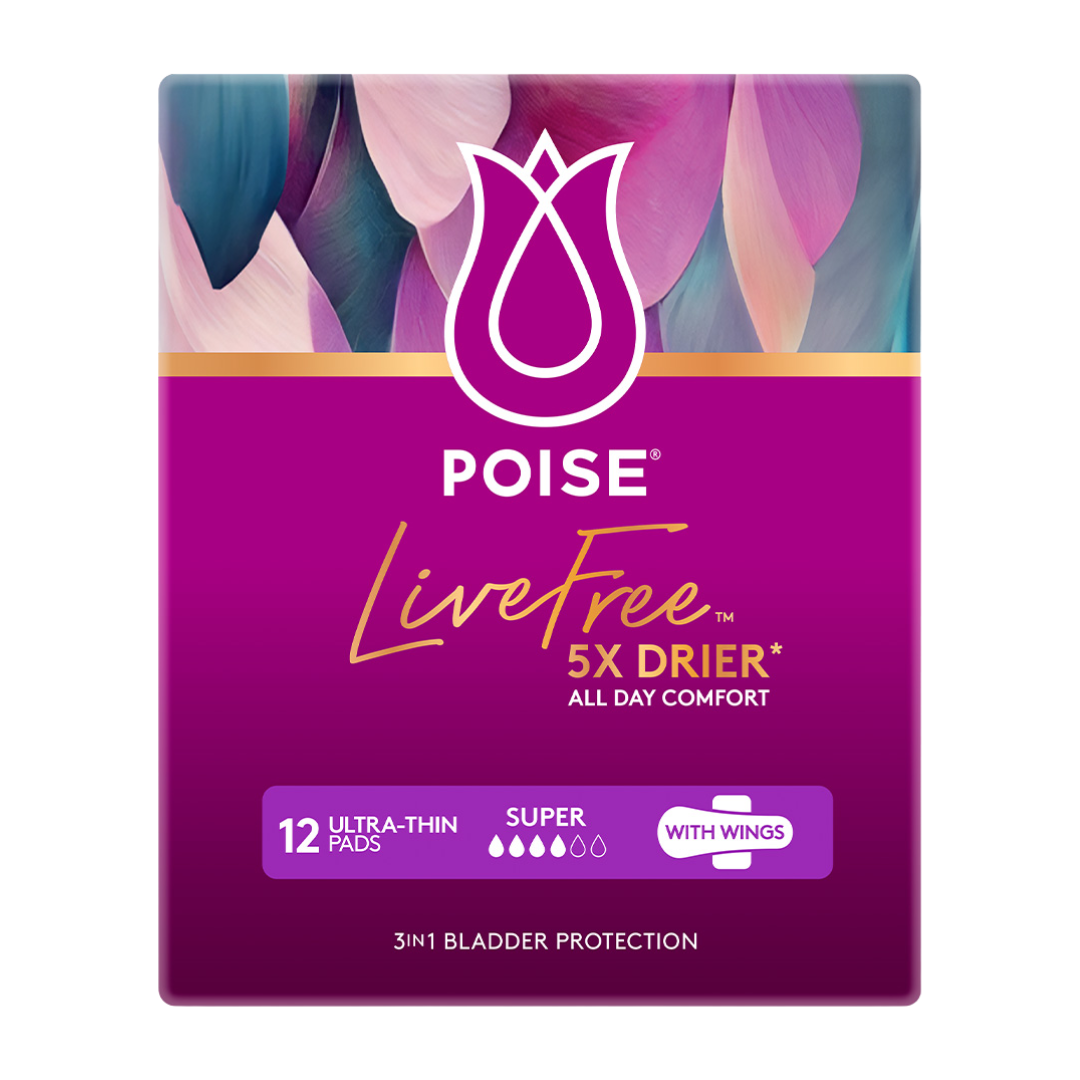Poise Livefree Pad Super with Wings 150ml – discreet, secure-fit pad with 12-hour odour control and 150ml absorbency for light bladder leakage.
