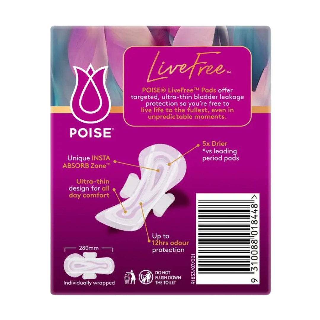 Poise Livefree Pad Super with Wings 150ml – discreet, secure-fit pad with 12-hour odour control and 150ml absorbency for light bladder leakage.