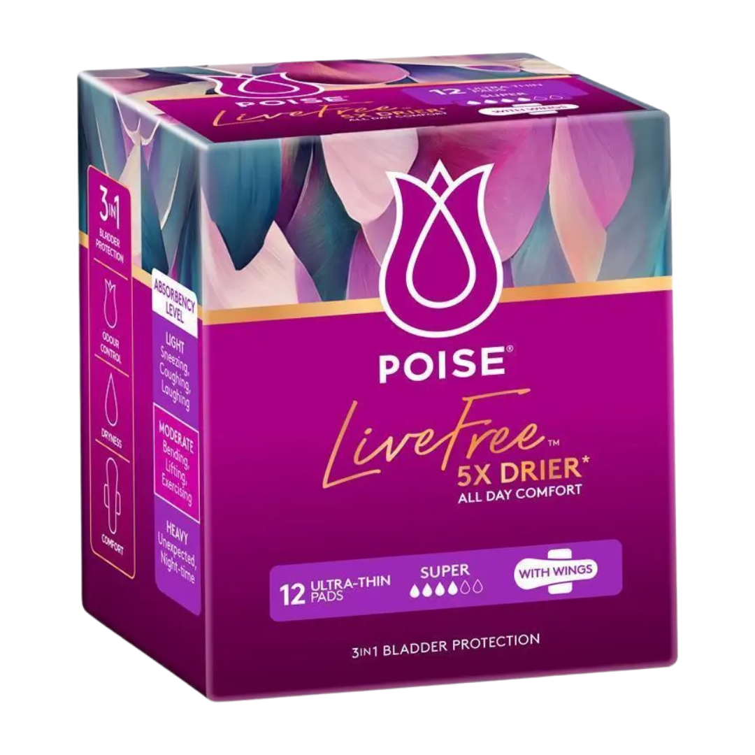 Poise Livefree Pad Super with Wings 150ml – discreet, secure-fit pad with 12-hour odour control and 150ml absorbency for light bladder leakage.
