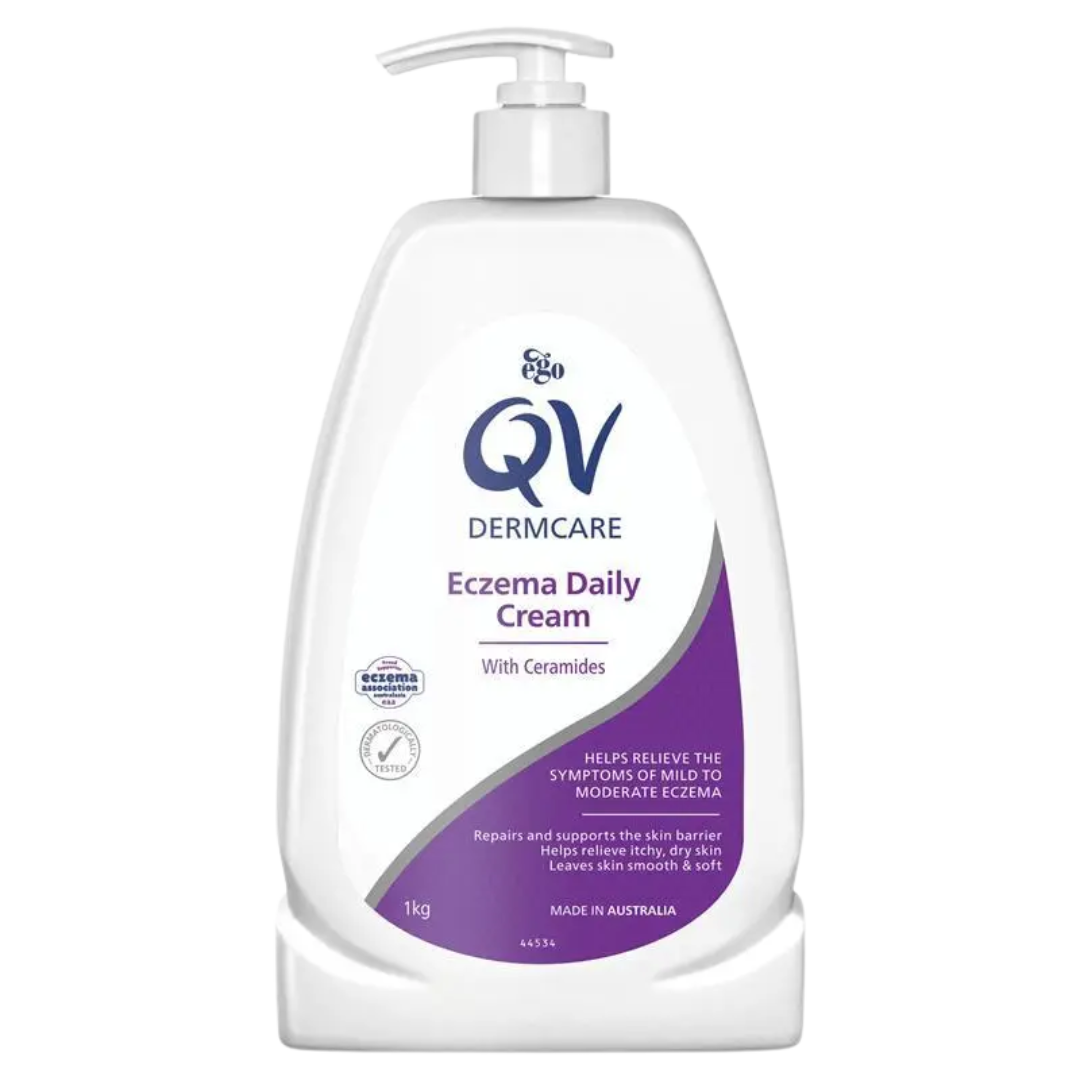 QV Dermcare Eczema Daily Cream 1kg pump bottle for sensitive, eczema-prone skin, enriched with ceramides.