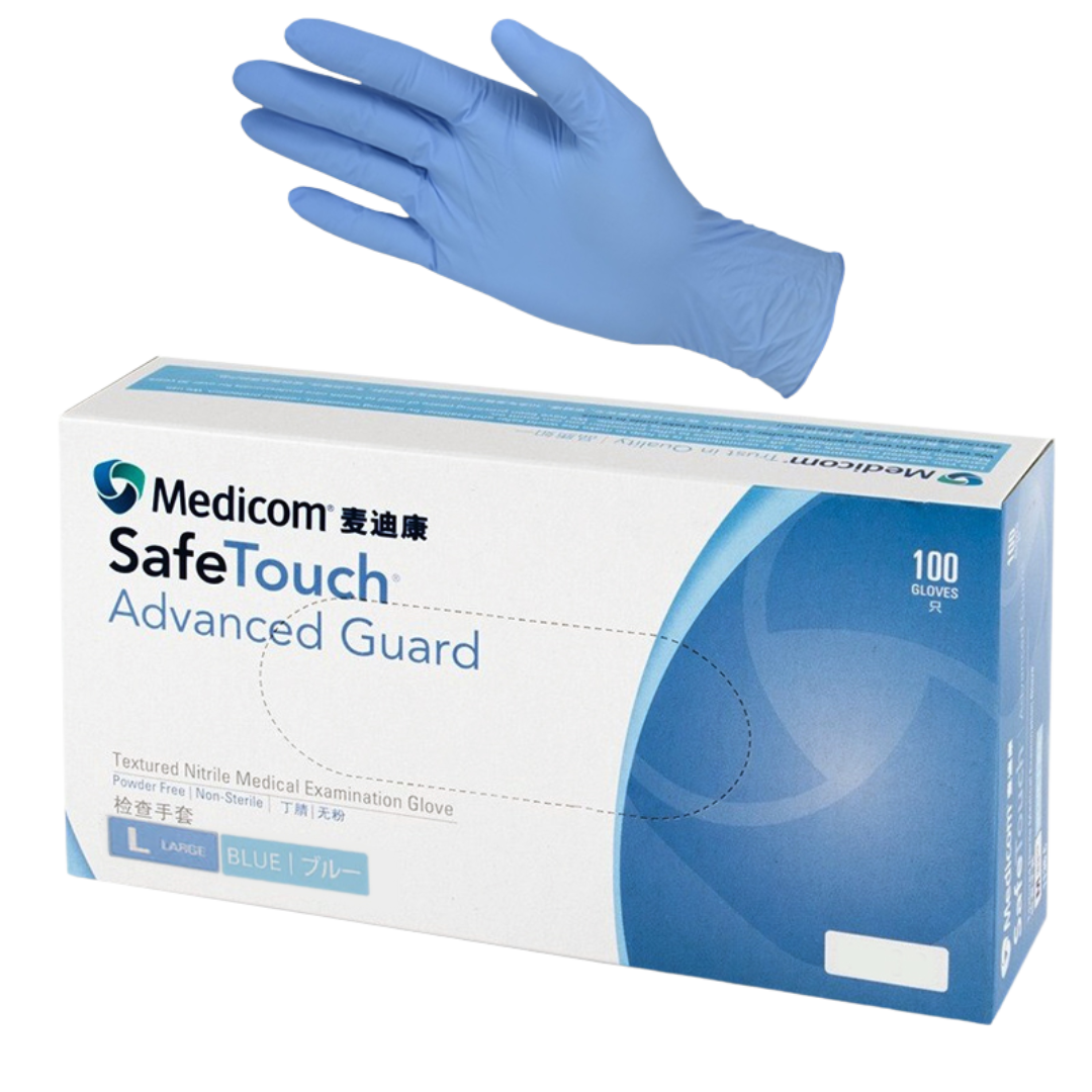 SafeTouch Advanced Guard Blue Nitrile Examination Gloves – powder-free, latex-free, medical-grade hand protection.
