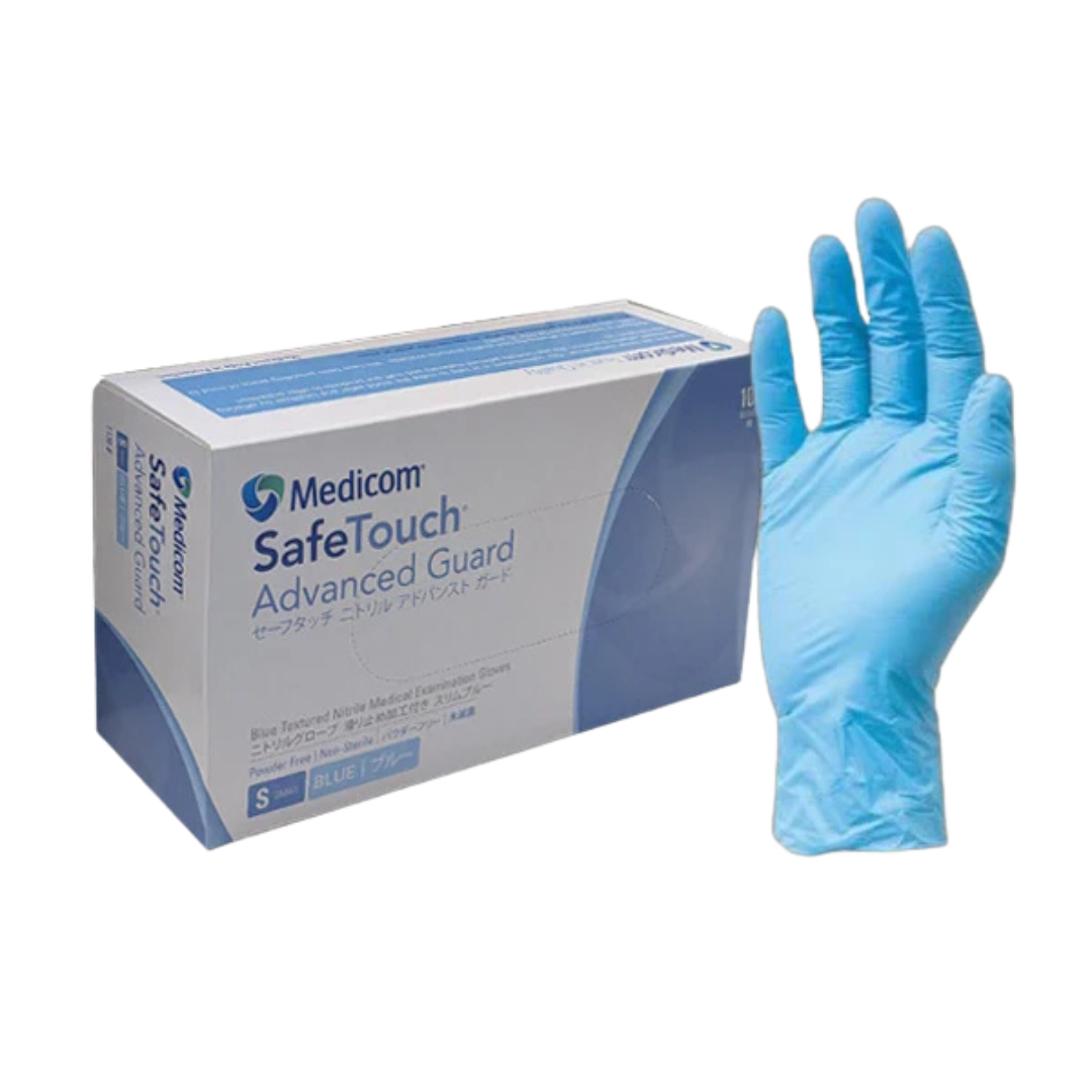 SafeTouch Advanced Guard Blue Nitrile Examination Gloves – powder-free, latex-free, medical-grade hand protection.