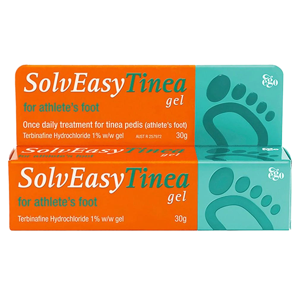 Packaging of SolvEasy Tinea 30g Gel, with visual representation of a foot indicating the application area for the treatment of athlete's foot.