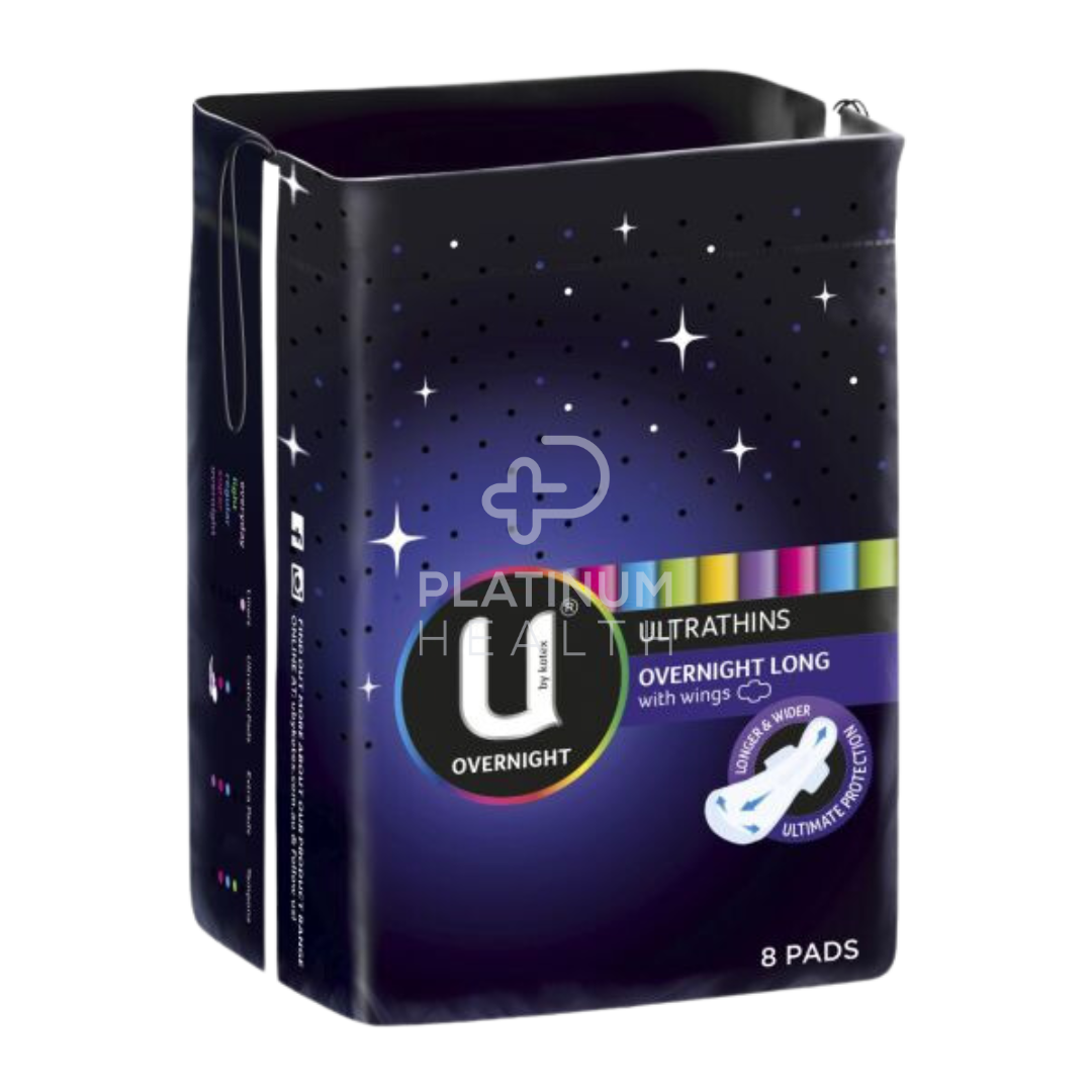 Packaging of U By Kotex Ultrathins Overnight Long sanitary pads with wings, featuring a night sky design with stars and the product branding prominently displayed.