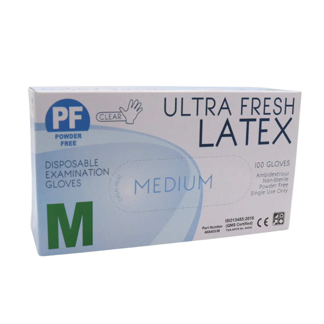 Ultra Fresh Latex Powder Free Disposable Gloves – premium single-use examination gloves for medical, aged care, and hygiene protection.
