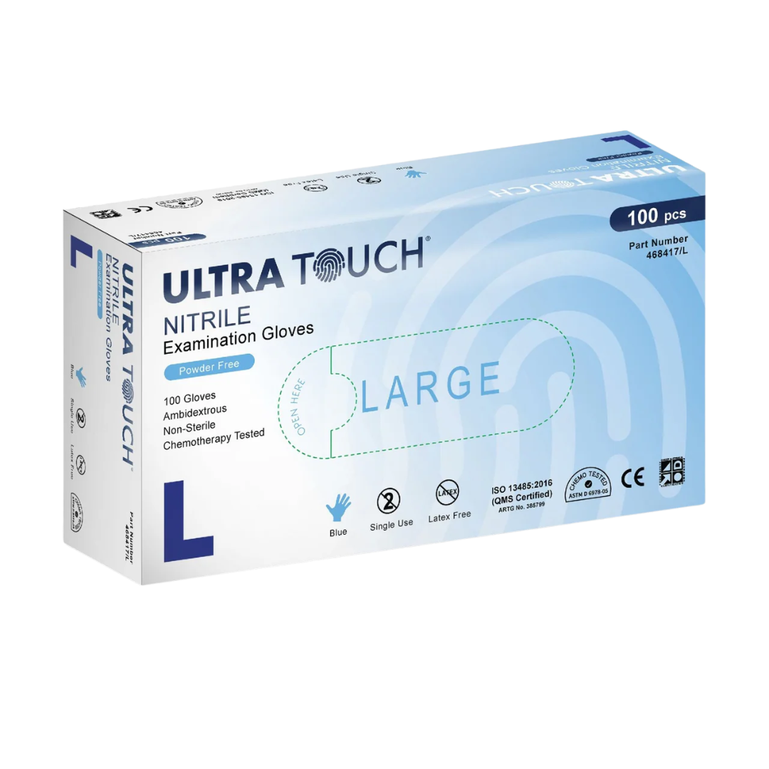 Ultra Touch Chemo-rated Blue Nitrile Gloves – Powder Free, Latex Free, Industrial Grade Protection