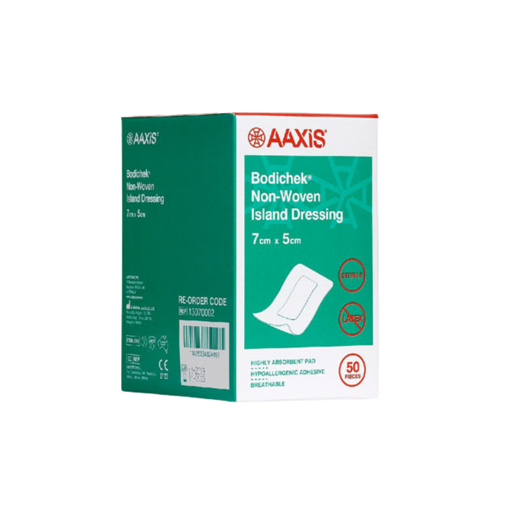 AAXIS Bodichek Non-Woven Island Dressing 7cm x 5cm – hypoallergenic, breathable, and highly absorbent wound care solution.