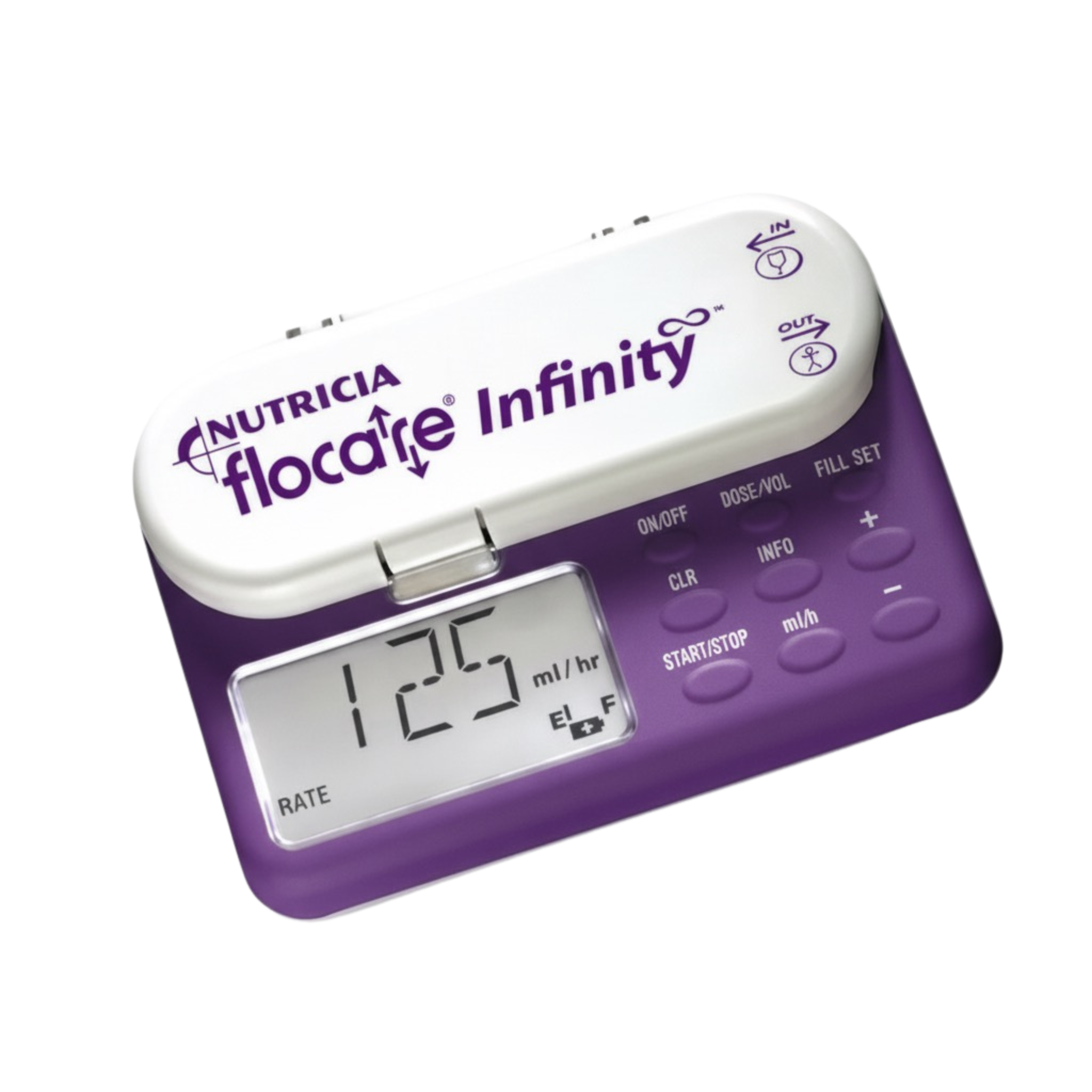 Purple and white medical device with digital display on a white background