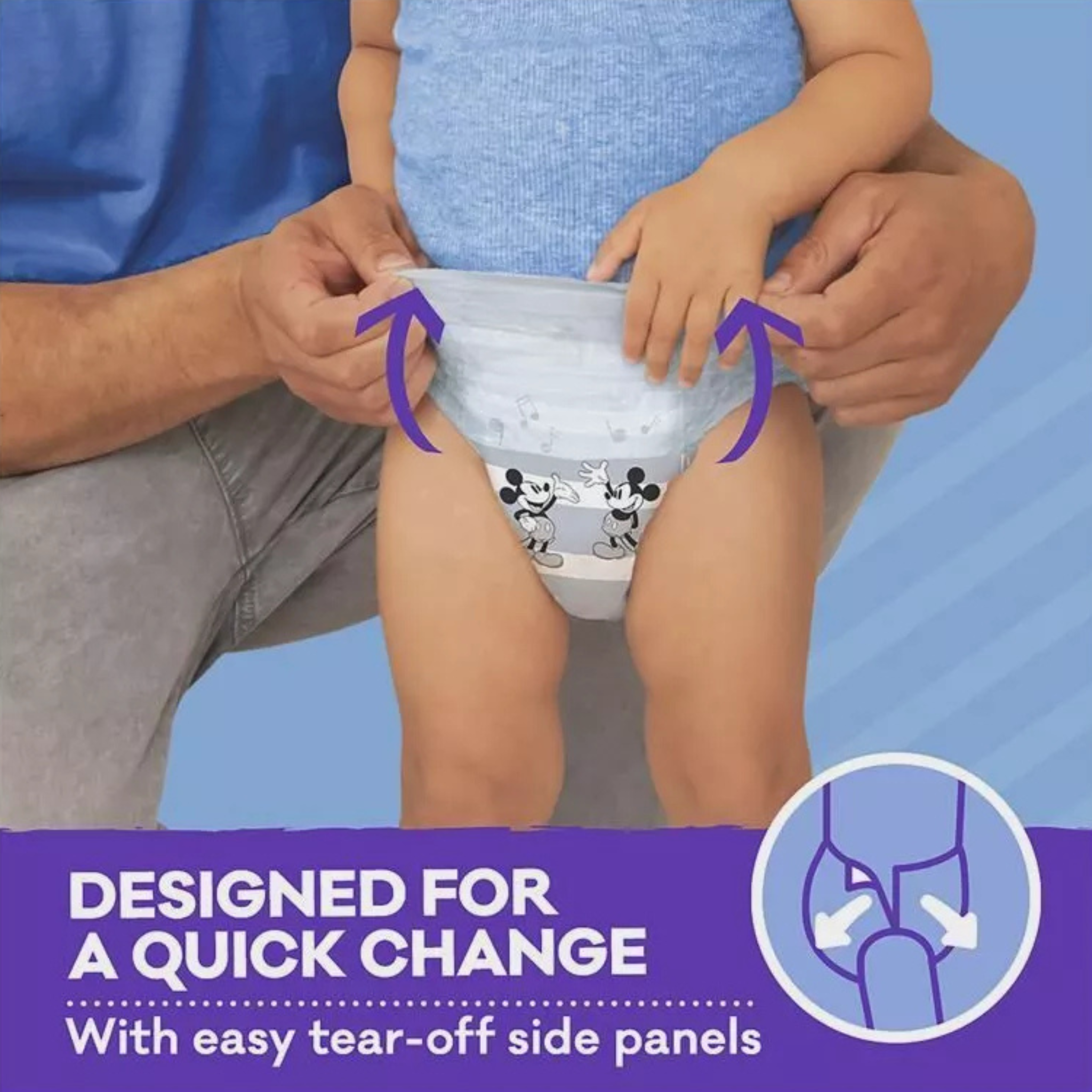 Person adjusting a diaper on a child with text about quick changes and easy tear-off side panels.