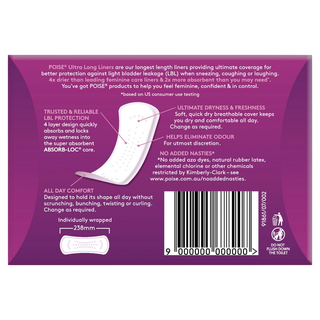 Back of a Poise ultra long liner packaging with text and a bar code on a purple background