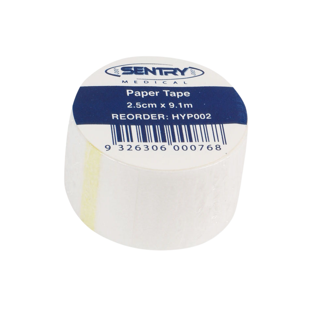 Sentry Medical Paper Tape roll, size 2.5cm x 9.1m, shown with product label and barcode. Designed for gentle adhesion, ideal for securing dressings and medical applications.