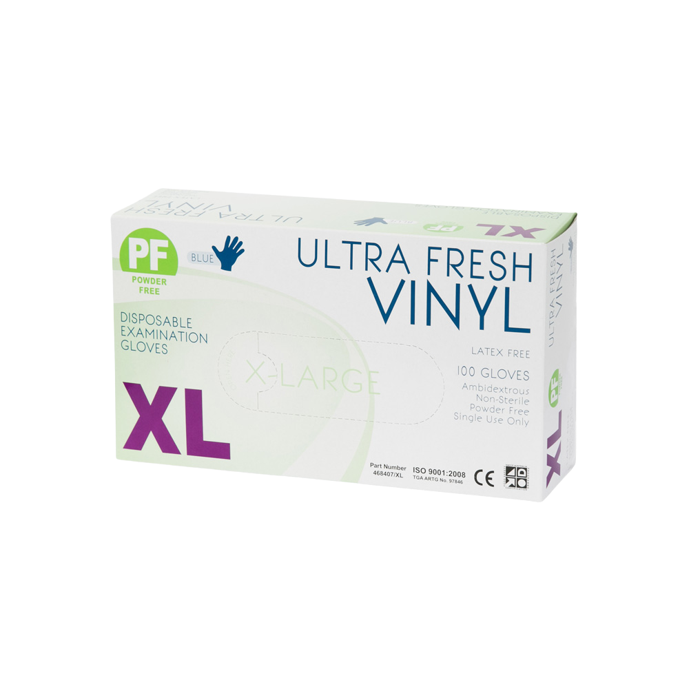 Ultra Fresh Blue Vinyl Powder Free Disposable Gloves – latex-free exam gloves for sensitive skin and daily hygiene use.