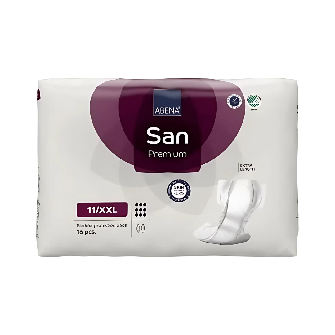 Abena San 11 XXL Bariatric Pad with 3400ml absorbency, shown with breathable backsheet and full-length leak guards for heavy incontinence protection.