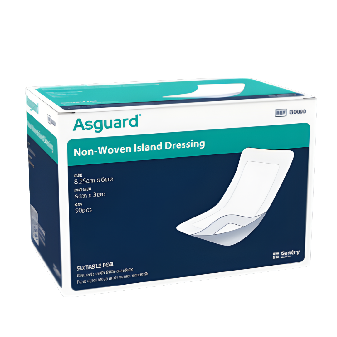 Asguard Flex + Non-Woven Island Dressing featuring a soft, breathable backing with an absorbent non-adherent island pad for gentle wound protection. Designed to conform to body contours while providing secure adhesion and comfortable wear.